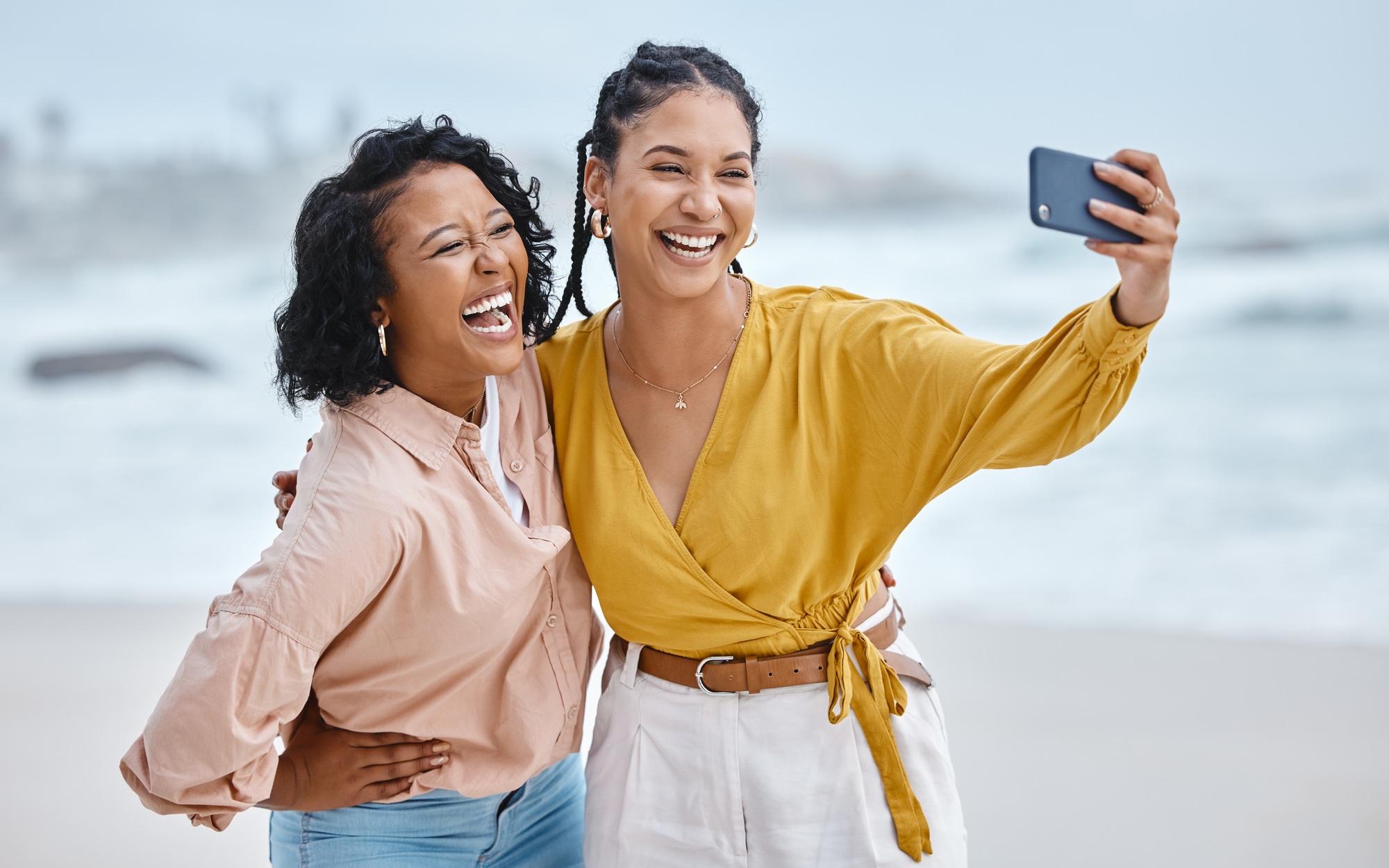 Beach, selfie or funny friends on holiday vacation with a happy smile while laughing or bonding in